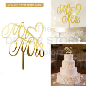 Mr & Mrs Heart Acrylic Cake Topper (Gold)
